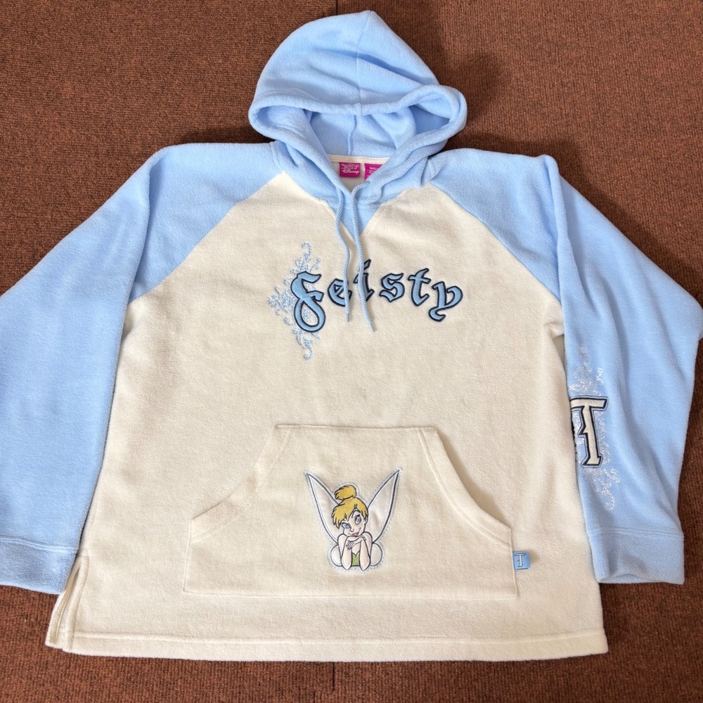 A+ Disney Tinker Bell Feisty Fleece Hoodie Blue Cream Missy Large AT3401‎ Raglan